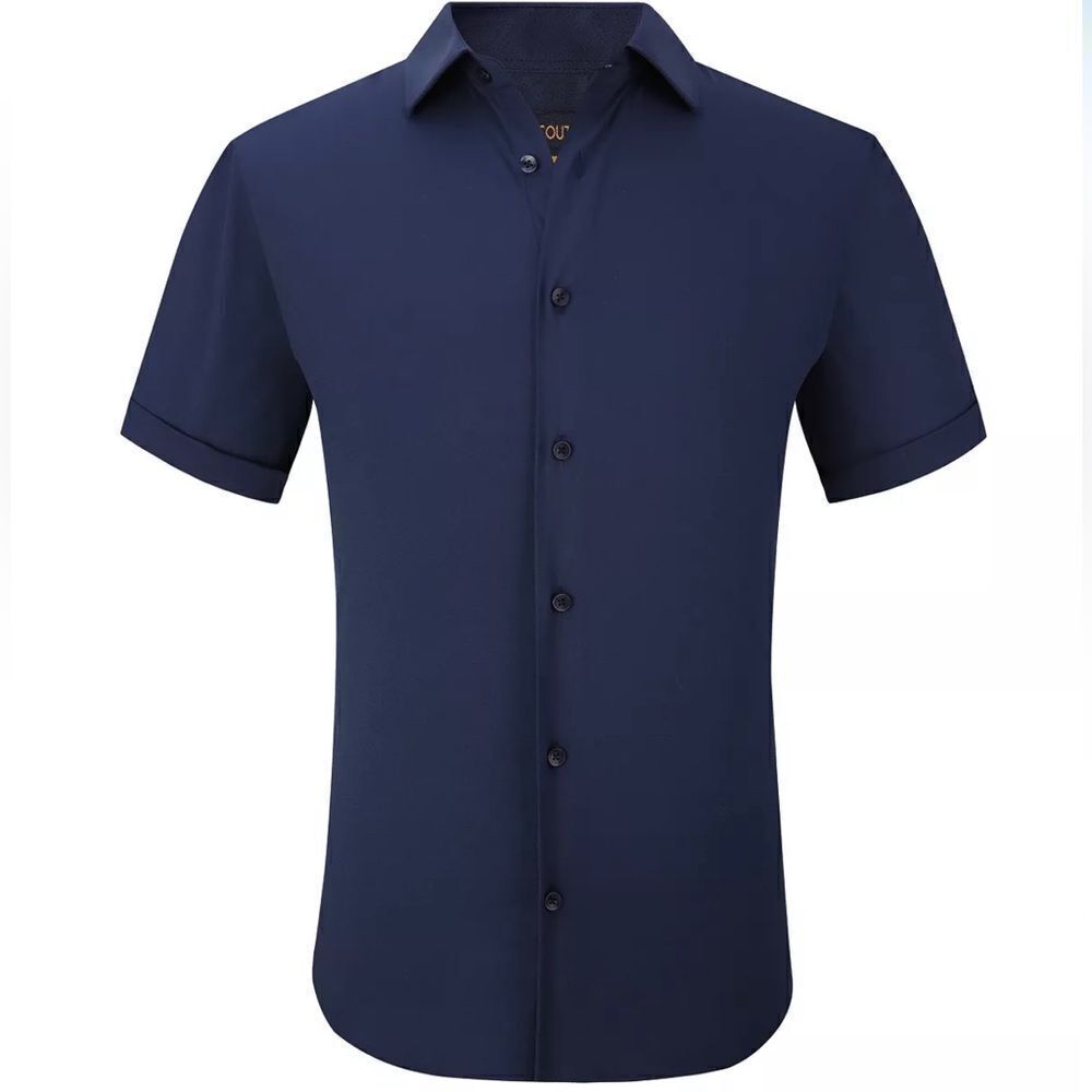 Mens shirt casual Fit Performance Short Sleeves Solid Button navy blue - Picture 2 of 10